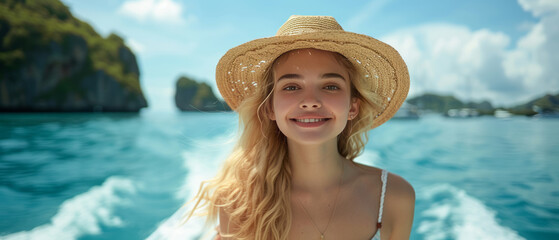 A woman wearing a straw hat travels on a boat outside a beautiful island resort, generative ai