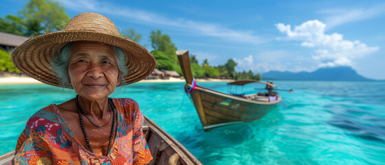 Fototapeta premium A woman wearing a straw hat travels on a boat outside a beautiful island resort, generative ai