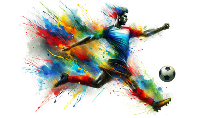 Dynamic soccer player kicking a ball with a vibrant explosion of colorful paint splashes against a white background, illustrating movement and energy.Sport concept. AI generated.