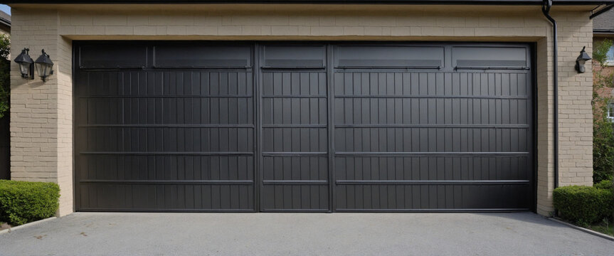 Shutters, gates, steel doors, loading section, garage view. locking mechanism. black. wide format. 