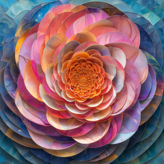 This digital artwork presents a mesmerizing floral design with layered petals in a spectrum of colors, creating a vibrant kaleidoscopic effect that's both captivating and soothing