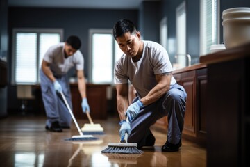 Asian ethnicity Man from professional cleaner service, clean the flat - obrazy, fototapety, plakaty