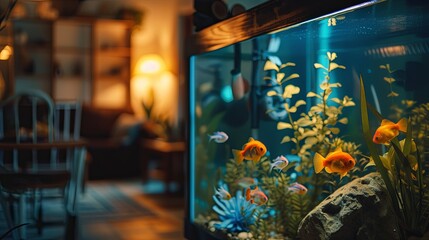 Home aquarium cozy interior with fish pet animall wallpaper background - obrazy, fototapety, plakaty