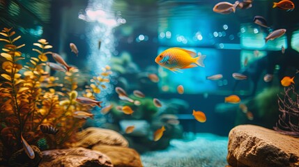 Fototapeta na wymiar Home aquarium cozy interior with fish pet animall wallpaper background