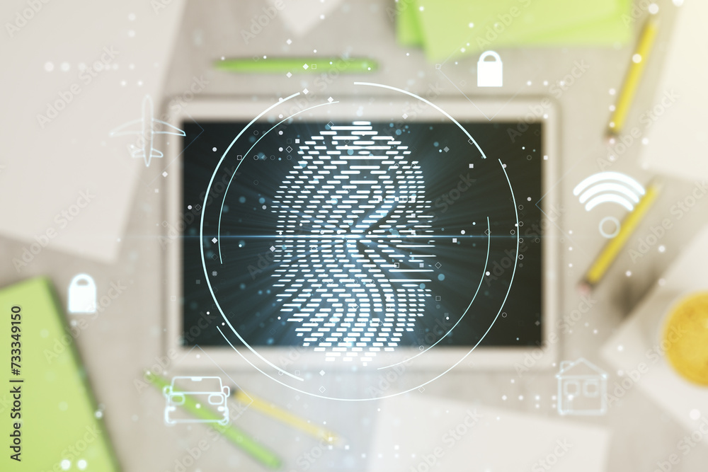 Poster multi exposure of abstract fingerprint scan interface and modern digital tablet on background, digit