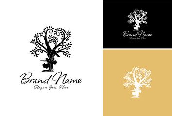 Obraz premium Set of silhouette woman in a tree pose. Сollection of meditating people in various poses with the tree of life. Healthy lifestyle theme. Yoga logo design. 