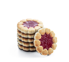 Stack of jam filling biscuits isolated on white