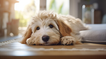 goldendoodle lying on the room floor