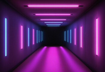 Neon light abstract background. Tunnel or corridor pink blue purple neon glowing lights. Laser lines and LED technology create glow in dark room. Cyber club neon light stage room.