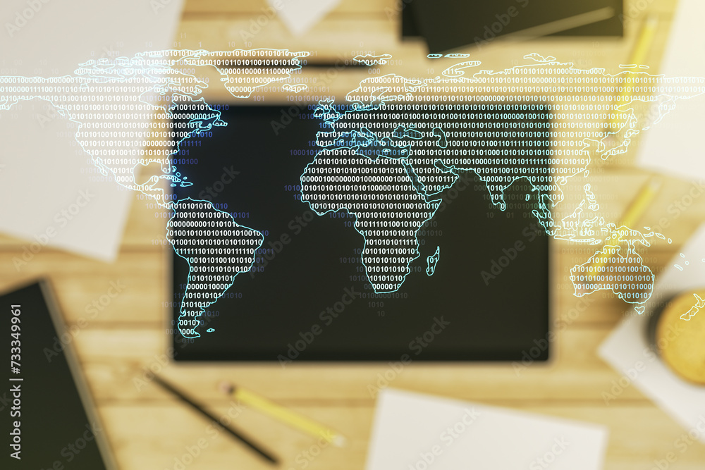 Aufkleber multi exposure of abstract creative digital world map and modern digital tablet on background, top v