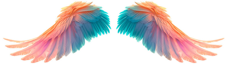 The image displays a symmetrical pair of angel wings with a detailed and realistic feather structure emanating a radiant color gradient that transitions from a warm orange at the tips to a cool blue a