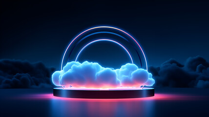 Sci-fi retro laser neon abstract technology background. A multi-colored cloud rotates around a neon circle. High quality 3d illustration