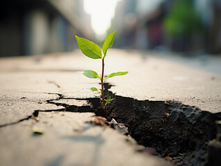 Small green plant growing out of crack in asphalt road. Environmental problems, urbanization, hope and new beginnings 