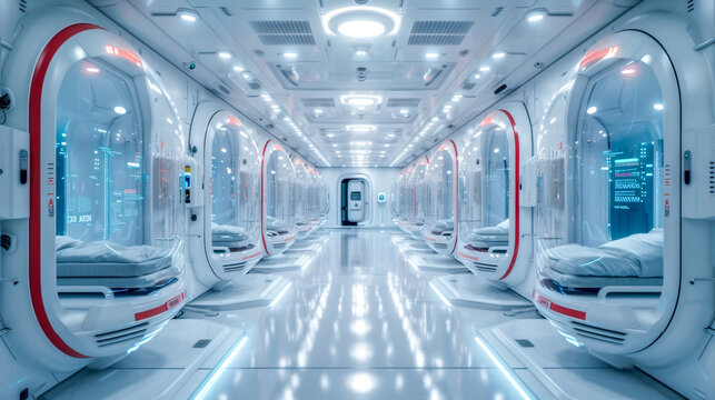Advanced cryogenic storage system with illuminated chambers in a tech facility. Cryogenic Chambers for freezing bodies