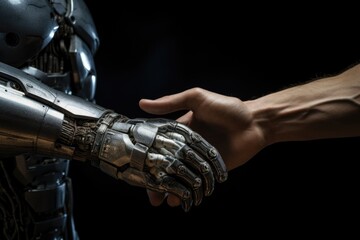 Business handshake between robot and human partners or friends. - obrazy, fototapety, plakaty
