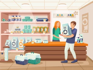 Poster People in pet store. Customer purchasing large bag of dog food in animal care shop cartoon vector illustration © WinWin