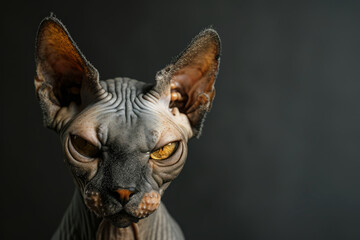 Naklejka premium Bald Sphynx cat with wrinkled skin. Portrait of hairless pet