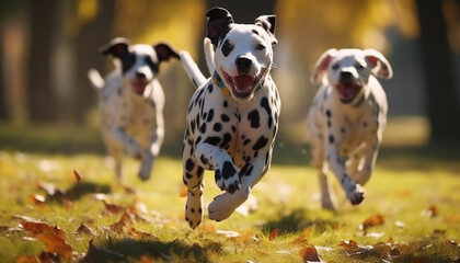 Naklejka na ściany i meble Cute dalmatian dogs group running on green grass in park