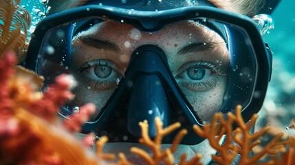 Diver on sea bottom with fish corals. Scuba diving concept. Sea resort wallpaper background