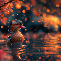 Süße kleine Ente im Wasser mit schönen leuchtenden orangenen Blumen und Blätter im dunklen Licht, ai generativ - obrazy, fototapety, plakaty