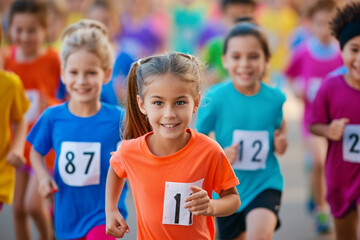 Happy children running together. Group of joyful kids enjoying run. Diverse children competing in running race