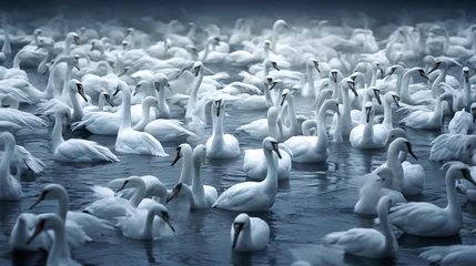 Fotobehang Aerial view of flock of swans. Flock of white swans in the calm water. Flock of swans gliding on calm water. Environment protection concept © Anthichada