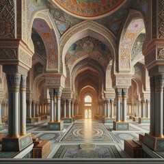 Obraz premium Arabic architecture, religious buildings - mosque and minarets. Illustration by Generation AI.