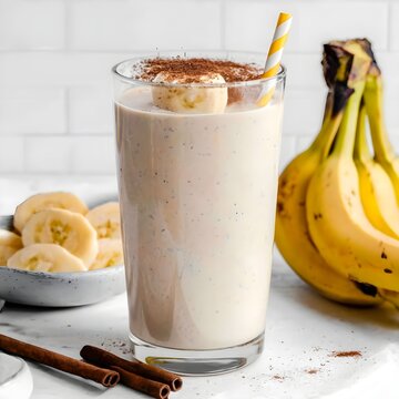 A creamy banana smoothie in a tall glass, garnished with slices of fresh banana and a sprinkle of cinnamon on top
Free ai genareted image download...