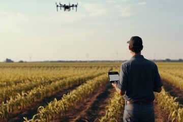 Farmer using drone to irrigate corn field from pests. Fusion of technology and traditional farming methods. - 733351528
