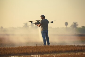 Farmer using drone to irrigate corn field from pests. Fusion of technology and traditional farming methods. - 733351530