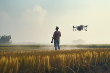 Farmer using drone to irrigate corn field from pests. Fusion of technology and traditional farming methods.