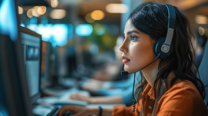 Details with a woman working in a call centre. AI generated