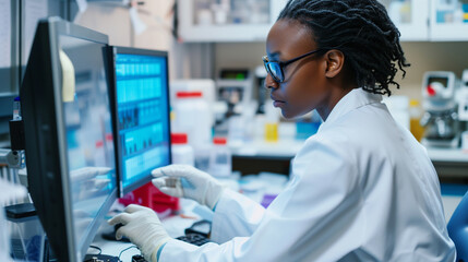 African american scientist in a chemical laboratory using a computer. AI generated - obrazy, fototapety, plakaty