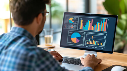 Details with the hands of a businessman working on a laptop. Charts and figures, business indicators. AI generated