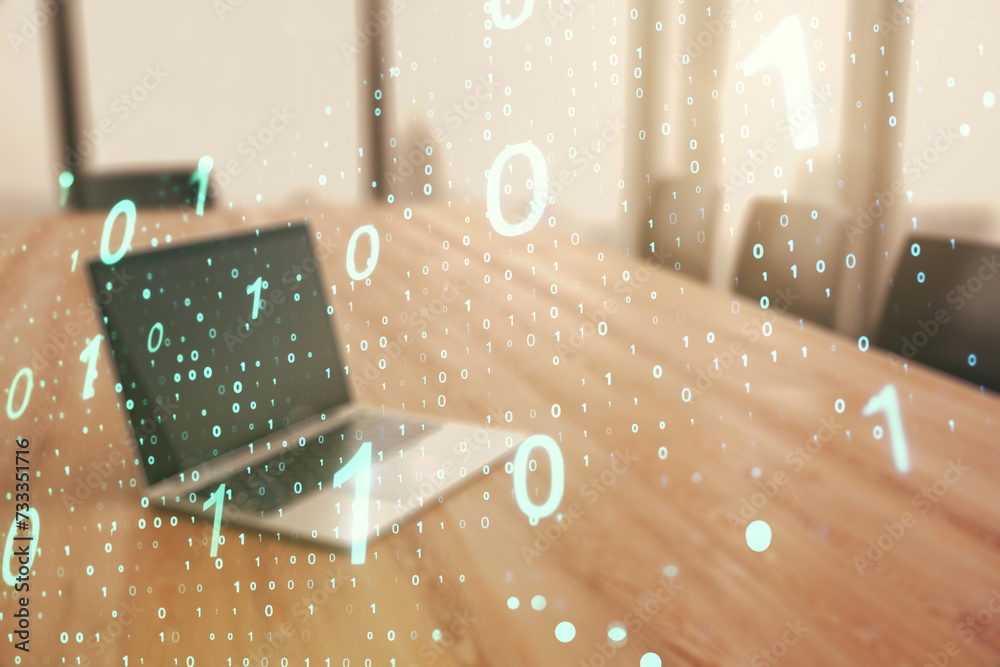Aufkleber Creative abstract binary code sketch on modern laptop background, hacking and matrix concept. Multiexposure
