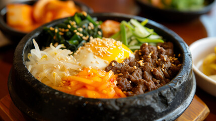 Details wiht the korean bibimbap dish. AI generated