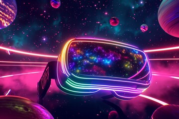 VR Glasses with Galaxy Display and Neon Highlights. Virtual reality headset showcasing a galaxy view, framed by neon lights.