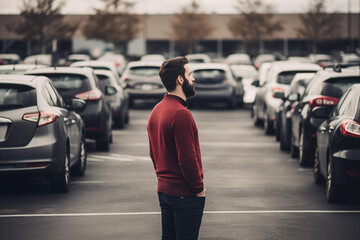 Alone man standing outdoor on parking lot and trying to find his car. Generative AI
