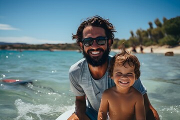Obraz premium Father and son having fun on sup board while on beach summer vacation