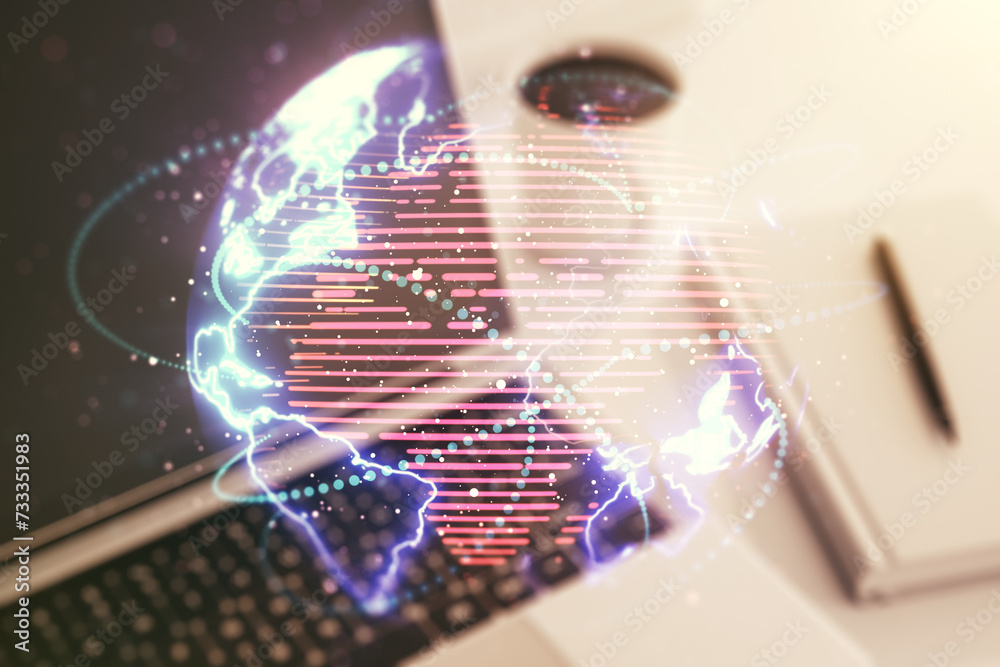 Poster double exposure of abstract digital world map with connections on computer background, big data and 