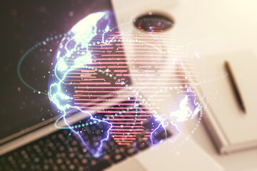 Double exposure of abstract digital world map with connections on computer background, big data and blockchain concept