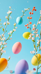Obraz na płótnie Canvas Floating Easter Eggs Over Spring Flowers. Easter background.