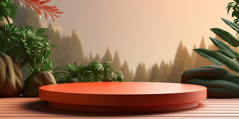3d render, abstract background with round podiums and green plants