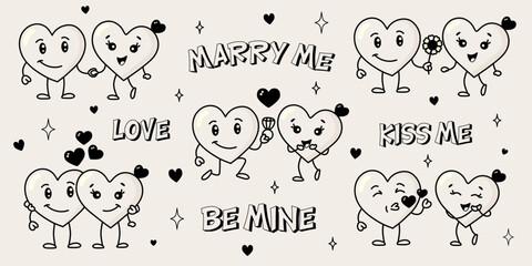 Fototapeta premium Retro groovy black and white hearts characters. Set of stickers valentines day in retro style. Two loving hearts in different situations. Trendy 60s, 70s, 80s style.