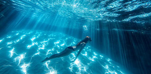 Woman Free Diving in Sunlit Ocean, sun rays piercing the sea water