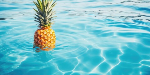  A pineapple floating in a pool water. Summer concept