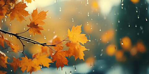 Autumn maple leaves on wet glass with raindrops and blurred background