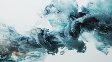 Ink dance in water detailed view, capturing the blend of colors and fluid motion against a bright backdrop.