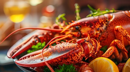 Lobster dish with lemon in restaurant seafood wallpaper background - obrazy, fototapety, plakaty