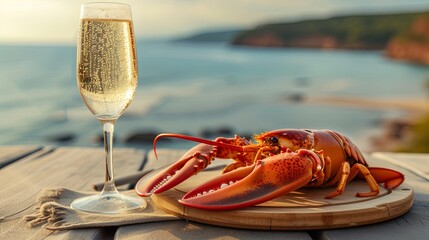 Delicious dinner with lobster and champagne on sea resort sunset wallpaper background - obrazy, fototapety, plakaty